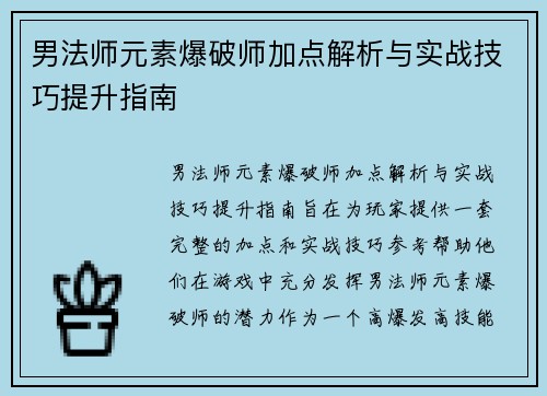 男法师元素爆破师加点解析与实战技巧提升指南